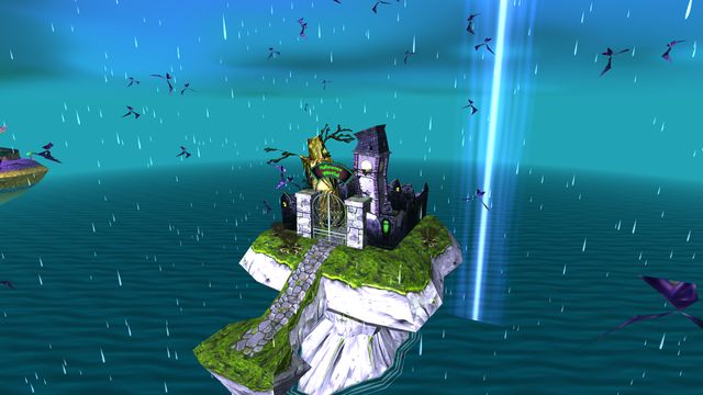 Lightning strikes beside the Halloween World island in the rain, with bats in the air.