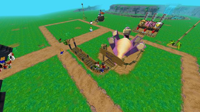 A bouncy ride shaped like a pink dinosaur, with guests queuing on a wooden bridge.