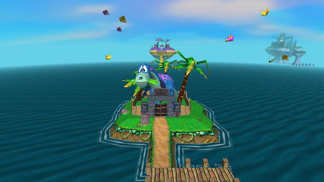 The Lost Kingdom island seen from the sea, its stone gate facing the camera.