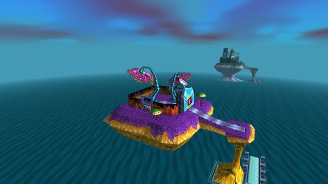 The purple and gold Space Zone island, with Halloween World far behind it.